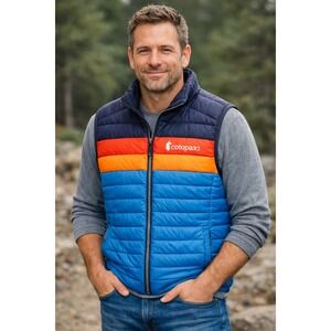 Cotopaxi Fuego Down Vest Mens Medium Blue Orange Navy Colorblock Puffer Pockets